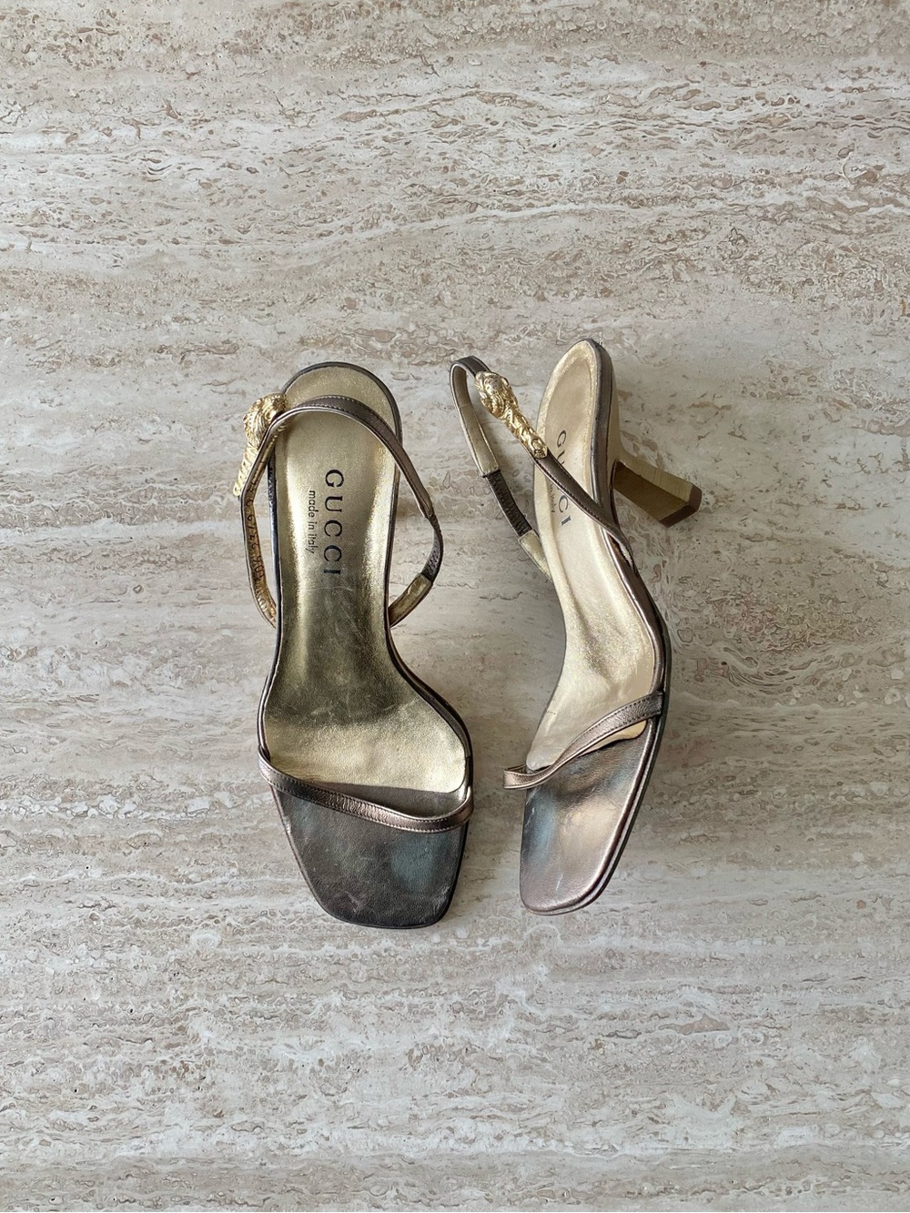 Vintage Gucci Gold Tiger Head Slingback Sandal Heels